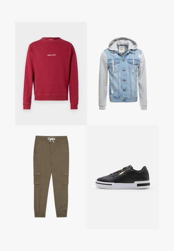 Giacca di jeans con corpo azzurro chiaro, maniche lunghe grigie e cappuccio. Presenta bottoni frontali e due tasche sul petto con dettagli logorati.; Felpa bordeaux in cotone misto con colletto a girocollo, polsini e orlo ribattuti. Presenta la scritta bianca ricamata "Original Studio" sul davanti.; Pantaloni cargo khaki con elastico in vita e cordino, dotati di tasche laterali e caviglie cuffiate. Realizzati in un materiale leggero e testurizzato.; Sneaker in pelle nera con suola bianca, punta perforata, dettaglio logo in oro, collare imbottito e accenti neri a contrasto sui lati.