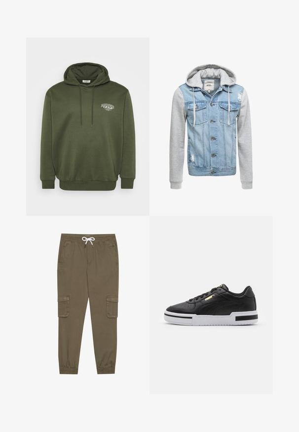 Giacca di jeans con corpo azzurro chiaro, maniche lunghe grigie e cappuccio. Presenta bottoni frontali e due tasche sul petto con dettagli logorati.; Felpa verde oliva realizzata in tessuto misto cotone, con tasca a canguro frontale, cappuccio con cordoncino e ricamo bianco del logo sul petto.; Pantaloni cargo khaki con elastico in vita e cordino, dotati di tasche laterali e caviglie cuffiate. Realizzati in un materiale leggero e testurizzato.; Sneaker in pelle nera con suola bianca, punta perforata, dettaglio logo in oro, collare imbottito e accenti neri a contrasto sui lati.
