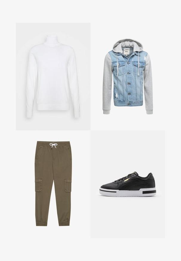 Jeansjack met een lichtblauwe body, grijze lange mouwen en een capuchon. Heeft knopen aan de voorkant en twee borstzakken met een versleten detail.; Witte coltrui met lange mouwen, gemaakt van een zachte stof. Heeft een aansluitend ontwerp en geribde manchetten en zoom. Geen patronen of accenten.; Khaki cargobroek met een elastische tailleband en trekkoord, voorzien van zijzakken en afgeknipte enkels. Gemaakt van een gestructureerd, lichtgewicht materiaal.; Zwarte leren sneaker met witte tussenzool, geperforeerde neus, gouden logo-detail, gevoerde kraag en contrasterende zwarte accenten aan de zijkant.