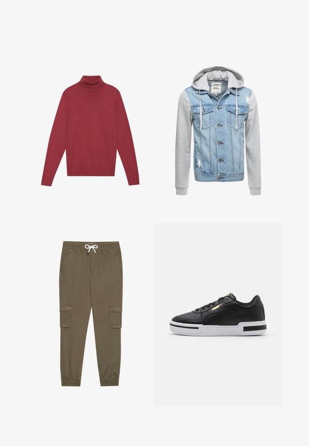 Denim jakk, millel on helesinine keha, hallid pikad varrukad ja kapuuts. Ees on nööbid ja kaks rinnaesarat, millel on kulumise detailid.; Punane korkpaela särk, mis on valmistatud pehmest kudumstofist. Omab pikki varrukaid ja sobivat disaini. Sile tekstuur, ilma nähtavate mustrite või riistadega.; Khaki cargo püksid elastse vöökoha ja stringiga, külgtaskud ja voltidega pahkluude juures. Valmistatud tekstureeritud, kerget materjalist.; Must have nahkast jooksujalats valge vaheosaga, perforatsiooni kohal, kuldse logosilmbiga, pehmendusega kaelaosas ning kontrastsete mustade aktsentidega külgedel.