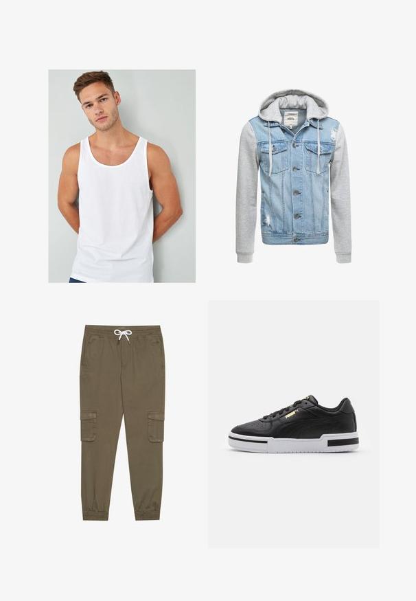 Denim jakk, millel on helesinine keha, hallid pikad varrukad ja kapuuts. Ees on nööbid ja kaks rinnaesarat, millel on kulumise detailid.; Valge puuvillane tank top, millel on ümmargune kaelus ja laiad õlavarreavad, on esitatud mudelil heleshalli tausta taustal.; Khaki cargo püksid elastse vöökoha ja stringiga, külgtaskud ja voltidega pahkluude juures. Valmistatud tekstureeritud, kerget materjalist.; Must have nahkast jooksujalats valge vaheosaga, perforatsiooni kohal, kuldse logosilmbiga, pehmendusega kaelaosas ning kontrastsete mustade aktsentidega külgedel.