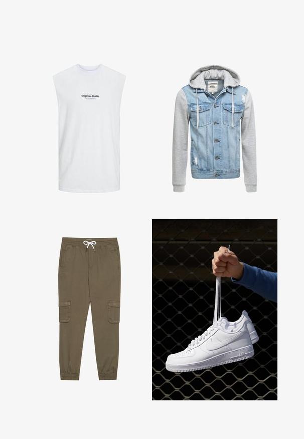 Denim jaka ar gaišu zilu korpusu, pelēkām garām piedurknēm un kapuci. Aprīkota ar priekšējiem pogām un divām krūšu kabatām ar nolietotu detaļu.; Jack & Jones JORVESTERBRO SLEEVELESS - Tops - bright white; Kaki kravas bikses ar elastīgu jostu un auklu, ar sānu kabatām un piegrieztiem potīšu galiem. Izgatavotas no teksturēta, viegla materiāla.; Baltas ādas sporta apavi ar perforācijām, apaļu purngali, plakanu zoli un biezām šņorēm, ar redzamu swoosh logo un vārdu "AIR" uz papēža.