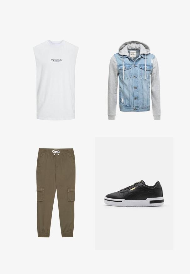 Džinsinis švarkas su šviesiai mėlynu korpusu, pilkiais ilgais rankovėmis ir gobtuvu. Yra priekiniai mygtukai ir dvi krūtinės kišenės su nusidėvėjimo detalėmis.; Jack & Jones JORVESTERBRO SLEEVELESS - Viršus - bright white; Khaki krovinių kelnės su elastingu juosmeniu ir užtrauktuku, su šoninėmis kišenėmis ir sutrauktomis kulkšnėmis. Pagamintos iš tekstūruotos, lengvos medžiagos.; Juodai odiniai sportbačiai su balta tarpinėmis, perforuotu pirštu, auksiniu logotipu, paminkštintu apykakle ir kontrastingomis juodomis akcentais šone.