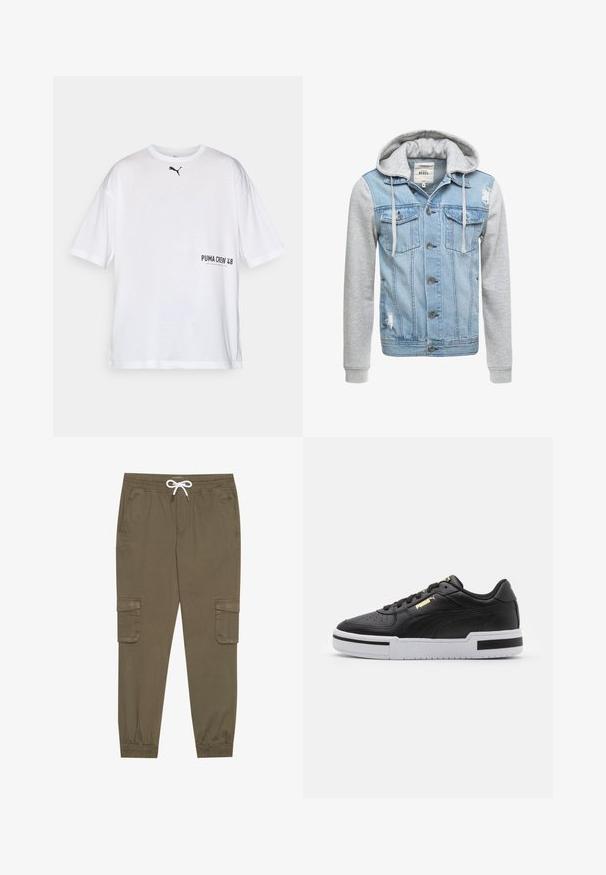Denimjakke med en lyseblå kropp, grå lange ermer og hette. Har frontknapper og to brystlommer med slitt detalj.; Hvit bomull t-skjorte med korte ermer og rund hals, med en liten svart Puma-logo og "PUMA CREW 48" trykket i svart på forsiden.; Khaki cargo bukser med elastisk livrem og snor, med sidelommer og mansjetterte ankler. Laget av et teksturert, lett materiale.; Sorte lærersneaker med hvit mellomsåle, perforert tå, gull logo detalj, polstret krage, og kontrasterende sorte detaljer på siden.