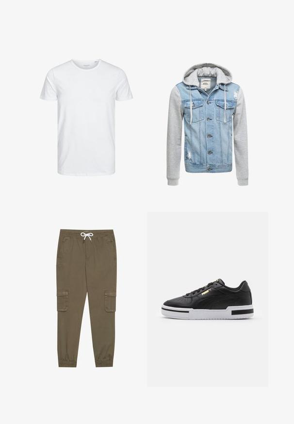 Jeansjacke mit einem hellblauen Körper, grauen langen Ärmeln und einer Kapuze. Verfügt über Frontknöpfe und zwei Brusttaschen mit abgenutztem Detail.; Rundhals-T-Shirt mit kurzen Ärmeln in reinem Weiß, aus weicher Baumwolle, mit einem schlichten Design ohne sichtbare Muster oder Akzente.; Khaki Cargo-Hosen mit elastischem Bund und Kordelzug, aus seitlichen Taschen und umgeschlagenen Knöcheln. Hergestellt aus einem strukturierten, leichten Material.; Schwarze Leder sneaker mit weißer Mittelsohle, perforierter Zehenpartie, goldfarbenem Logodetail, gepolstertem Kragen und kontrastierenden schwarzen Akzenten an der Seite.