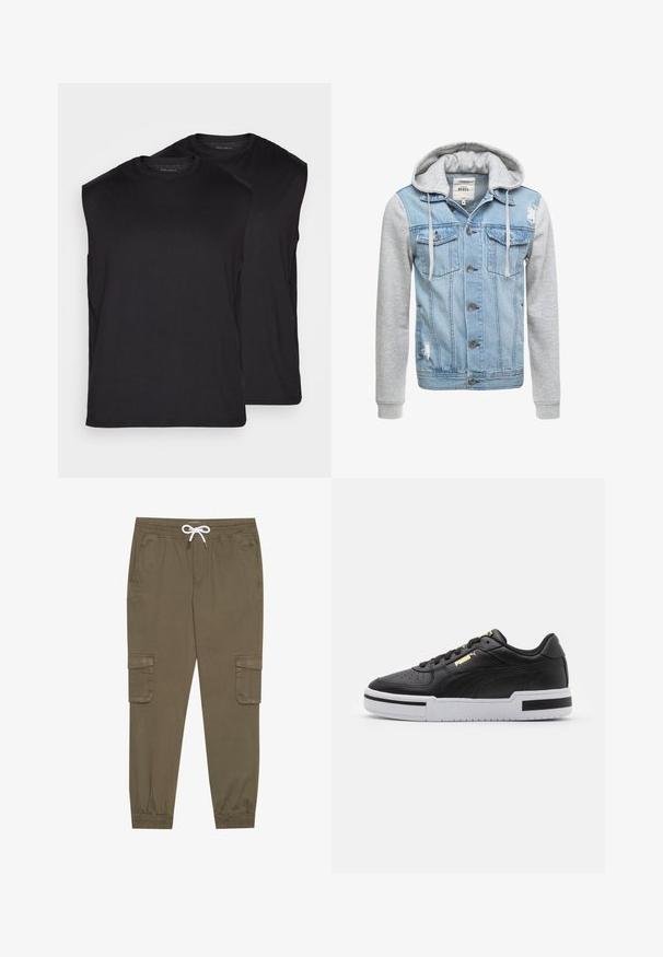 Džínová bunda so svetlomodrým telom, sivými dlhými rukávmi a kapucňou. Obsahuje predné gombíky a dve náprsné vrecká s opotrebovaným vzhľadom.; Čierne bezrukávové tričká vystavené v pároch, vyrobené z hladkého materiálu. Zaoblený výstrih a čisté okraje bez viditeľných vzorov alebo kovania.; Khaki cargo nohavice s elastickým pásom a šnúrkou, pričom majú bočné vrecká a zúžené členky. Vyrobené z textúrovaného, ľahkého materiálu.; Čierne kožené tenisky s bielou medzipodrážkou, perforovanou špičkou, zlatým logom, polstrovaným golierom a kontrastnými čiernymi akcentmi na boku.