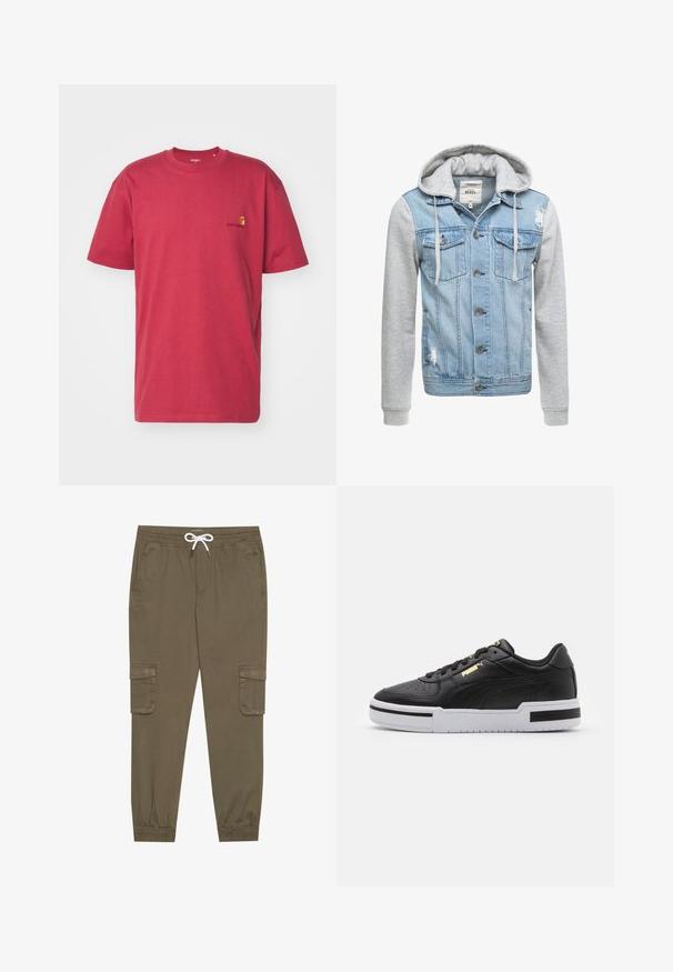 Denim jaka ar gaišu zilu korpusu, pelēkām garām piedurknēm un kapuci. Aprīkota ar priekšējiem pogām un divām krūšu kabatām ar nolietotu detaļu.; Carhartt WIP AMERICAN SCRIPT - Pamata T-krekls - tuscany; Kaki kravas bikses ar elastīgu jostu un auklu, ar sānu kabatām un piegrieztiem potīšu galiem. Izgatavotas no teksturēta, viegla materiāla.; Melnas ādas sporta kurpes ar baltu viduspaldu, perforētu purngalu, zelta logotipa detalizāciju, mīkstu apkaklīti un kontrastējošām melnām akcentēm sānos.