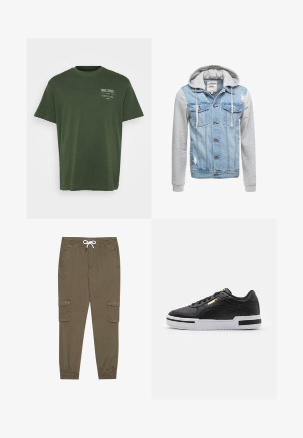 Denimjakke med en lyseblå kropp, grå lange ermer og hette. Har frontknapper og to brystlommer med slitt detalj.; Grønn bomull t-skjorte med rund hals, korte ermer, og trykket tekst i hvitt på den øverste venstre siden. Glatt tekstur, avslappet passform.; Khaki cargo bukser med elastisk livrem og snor, med sidelommer og mansjetterte ankler. Laget av et teksturert, lett materiale.; Sorte lærersneaker med hvit mellomsåle, perforert tå, gull logo detalj, polstret krage, og kontrasterende sorte detaljer på siden.