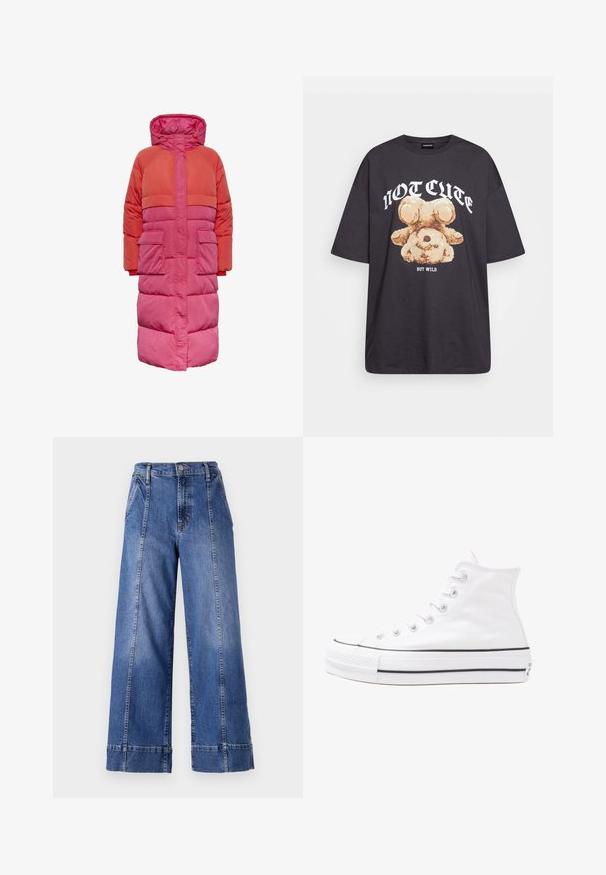 Casaco puffer longo com capuz, design em blocos de cor nas tonalidades de vermelho e rosa, com dois bolsos frontais e fecho frontal com zíper.; T-shirt oversized preto com uma gráfica de um urso e o texto "NÃO FOFO, MAS SELVAGEM" em letras brancas e em negrito. Material em algodão.; Jean de ganga azul de perna larga com uma cintura alta, apresentando um fecho de botão, bolsos frontais e costura visível ao longo das costuras laterais.; Sapatilha alta de tela branca com sola de borracha preta, bico de borracha na frente e seis ilhós para os atacadores, apresentando um design limpo e minimalista.