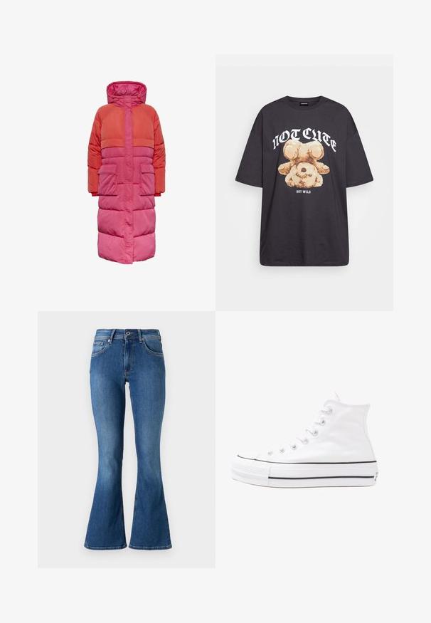 Casaco puffer longo com capuz, design em blocos de cor nas tonalidades de vermelho e rosa, com dois bolsos frontais e fecho frontal com zíper.; T-shirt oversized preto com uma gráfica de um urso e o texto "NÃO FOFO, MAS SELVAGEM" em letras brancas e em negrito. Material em algodão.; Jeans de ganga azuis com corte flare e cintura média, apresentando cinco bolsos, fecho de botão e um ligeiro desgaste ao longo das pernas.; Sapatilha alta de tela branca com sola de borracha preta, bico de borracha na frente e seis ilhós para os atacadores, apresentando um design limpo e minimalista.
