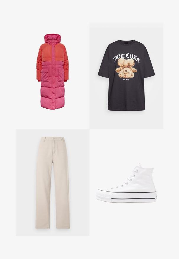 Palton pufos lung care este prevăzut cu glugă, cu un design color-block în nuanțe de roșu și roz, având două buzunare frontale și închidere cu fermoar în față.; Tricou oversized negru featuring un grafic cu un urs și textul „NU E DRĂGUȚ DAR SUNT SĂLBATIC” în litere albe, îndrăznețe. Material din bumbac.; Pantaloni largi bej, din bumbac, cu închidere frontală cu nasture, curea de ținere și o croială clasică cu linii curate.; Adidași albi tip pantofi sport cu glezna din pânză, cu talpă din cauciuc negru, capac de vârf din cauciuc frontal și șase ochiuri pentru șireturi, având un design curat și minimalist.