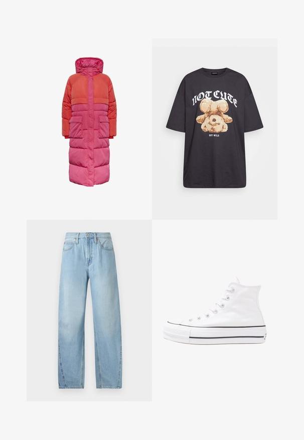 Palton pufos lung care este prevăzut cu glugă, cu un design color-block în nuanțe de roșu și roz, având două buzunare frontale și închidere cu fermoar în față.; Tricou oversized negru featuring un grafic cu un urs și textul „NU E DRĂGUȚ DAR SUNT SĂLBATIC” în litere albe, îndrăznețe. Material din bumbac.; Jeans din denim de culoare bleu deschis, cu un design drept, cinci buzunare și fermoar. Prezintă cusături vizibile și accesorii din metal.; Adidași albi tip pantofi sport cu glezna din pânză, cu talpă din cauciuc negru, capac de vârf din cauciuc frontal și șase ochiuri pentru șireturi, având un design curat și minimalist.