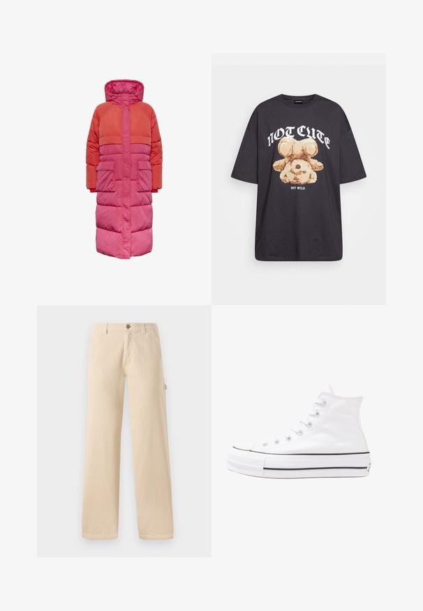 Pitkä puffatakki, jossa on huppu, kaksivärinen muotoilu punaisen ja vaaleanpunaisen sävyissä, kahdella etutaskulla ja vetoketjukiinnityksellä.; Mustat ylisuurent-paidat, joissa on karhun grafiikka ja teksti "EI SULOINEN VAAN VILLI" rohkealla valkoisella fontilla. Puuvillamateriaali.; Beige corduroy housut, joissa on leveä lahkeensuu, pystysuuntainen ribbikuvio, etutaskut ja sivunapp yksityiskohta.; Valkoiset korkeavartiset kangaskengät mustalla kumipohjalla, edessä kuminen varvasosa ja kuusi nauha-aukkoa, puhtaan minimalistisella muotoilulla.