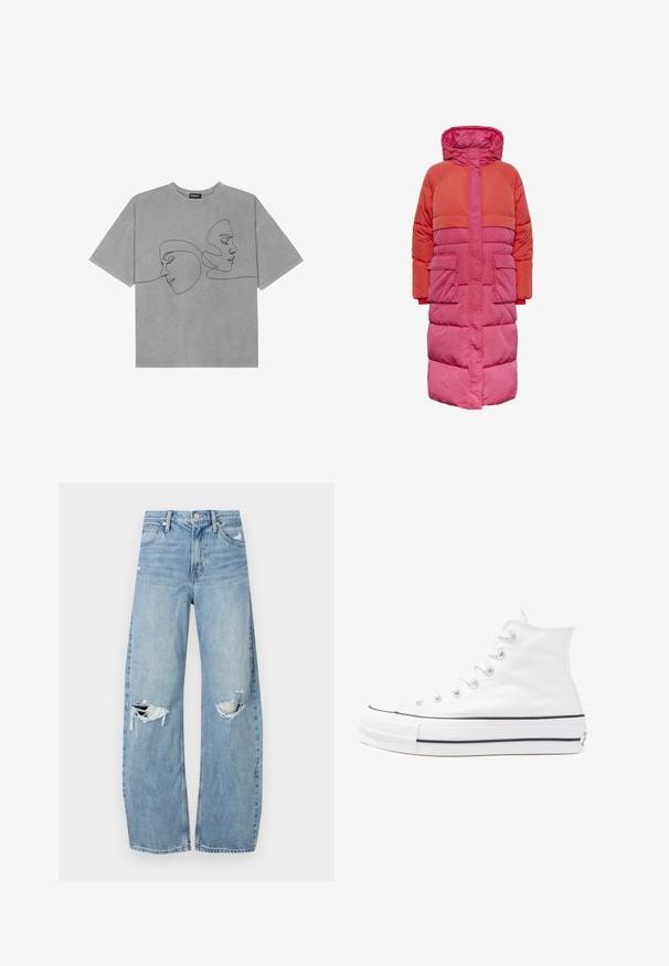 Lange pufferjas met capuchon, kleurblokontwerp in tinten rood en roze, met twee voorkuiten en een ritssluiting aan de voorkant.; Grijze katoenen T-shirt met korte mouwen, voorzien van minimalistische zwarte lijntekeningen van twee gezichten op de voorkant, ronde halslijn en een ontspannen pasvorm.; Lichtblauwe, hooggeritste jeans van denim. Beschikken over wijde pijpen, twee gescheurde knievalken en klassieke vijfzakken styling.; Witte high-top canvas sneakers met een zwarte rubberen zool, een rubberen neuskap aan de voorkant en zes gaatjes voor veters, met een schone, minimalistische uitstraling.