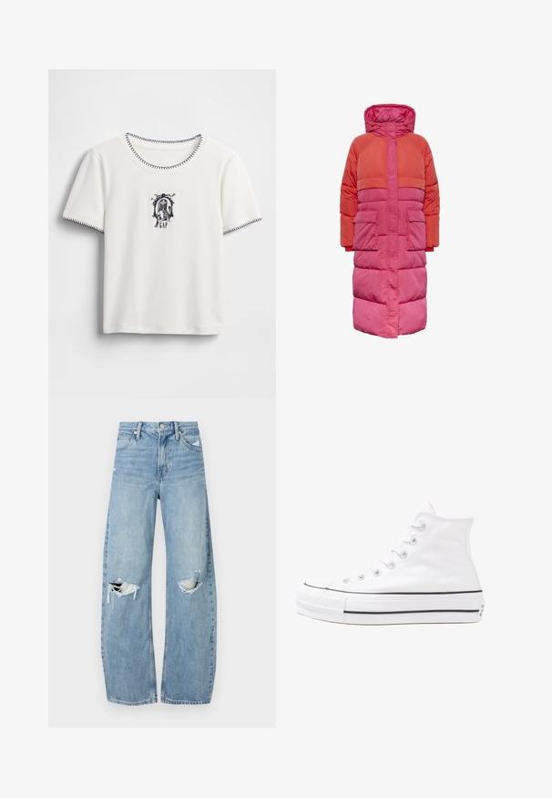 Pitkä puffatakki, jossa on huppu, kaksivärinen muotoilu punaisen ja vaaleanpunaisen sävyissä, kahdella etutaskulla ja vetoketjukiinnityksellä.; Valkoinen t-paita, jossa on pyöreä kaulus ja lyhyet hihat, tummansinisin ompelein viimeisteltynä sekä kirjailtu kuvitus tekstillä ja koristeellisella kehyksellä.; Vaaleansiniset, korkeavyötäröiset farkut, jotka on valmistettu denimmateriaalista. Ominaisuuksiin kuuluvat leveät lahkeet, kaksi revittyä polvialuetta ja klassinen viiden taskun tyyli.; Valkoiset korkeavartiset kangaskengät mustalla kumipohjalla, edessä kuminen varvasosa ja kuusi nauha-aukkoa, puhtaan minimalistisella muotoilulla.