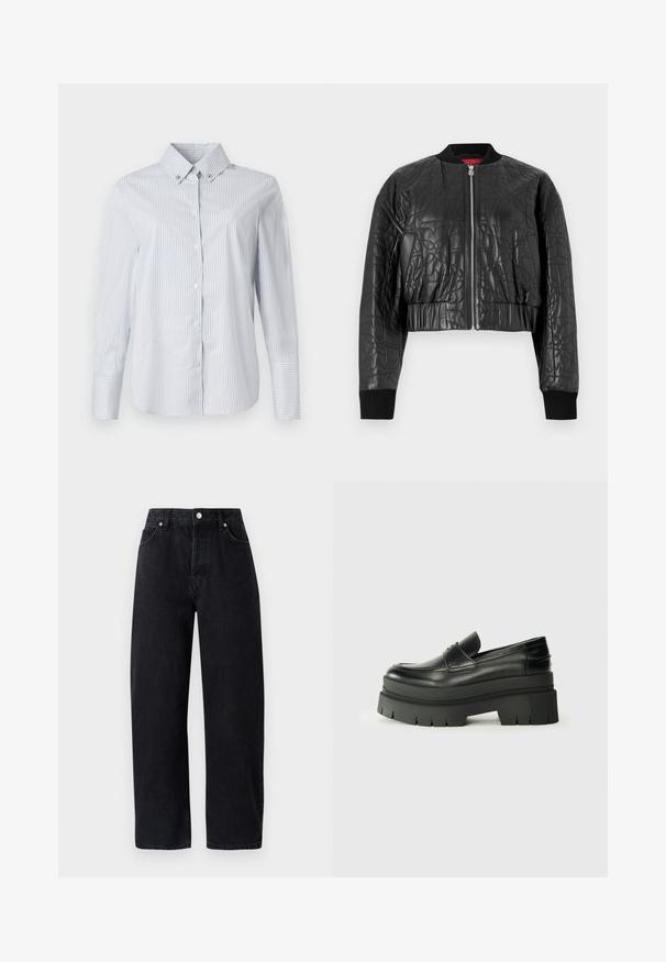 Melnā aviatoru jaka, izgatavota no quiltētas ādas. Ir rāvējslēdzēja priekšpuse, ribotas aproces un īsā dizaina ar smalkiem reljefiem rakstiem.; Gaiši zils un balts svītrains krekls ar pogām, ar norādītu apkakli, garām piedurknēm un nelielu izšūtu logo krūtīs.; Augsta vidukļa, taisna griezuma melnas džinsu bikses ar piecām kabatām, metāla kniedēm un toņu šuvēm. Gluda tekstūra, minimālisma dizains.; Melnas ādas loafers ar masīvu platformas zoli. Noapaļota purngala forma, priekšējā šuvju detaļa un smalki šuvju akcenti. Plakana, teksturēta zole.