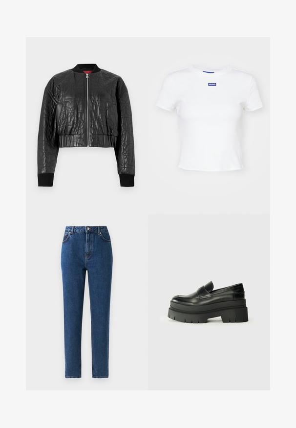 Čierna bomber bunda vyrobená z prešívanej kože. Má zips vpredu, rebrované manžety a skrátený strih so subtilnými embosovanými vzormi.; Biela bavlnená tričko s krátkymi rukávmi, okrúhlym výstrihom a modrou obdĺžnikovou nášivkou s nápisom "HUGO" uprostred prednej časti.; Džínsy s vysokým pásom v modrej farbe so straight leg strihom, piatimi vreckami, kovovou gombíkovou priehradkou a prešitými detailmi pozdĺž švov.; Čierne kožené loafers s masívnou platformou. Zaoblená špička, predný šev a jemné švy. Plošná, štruktúrovaná podrážka.