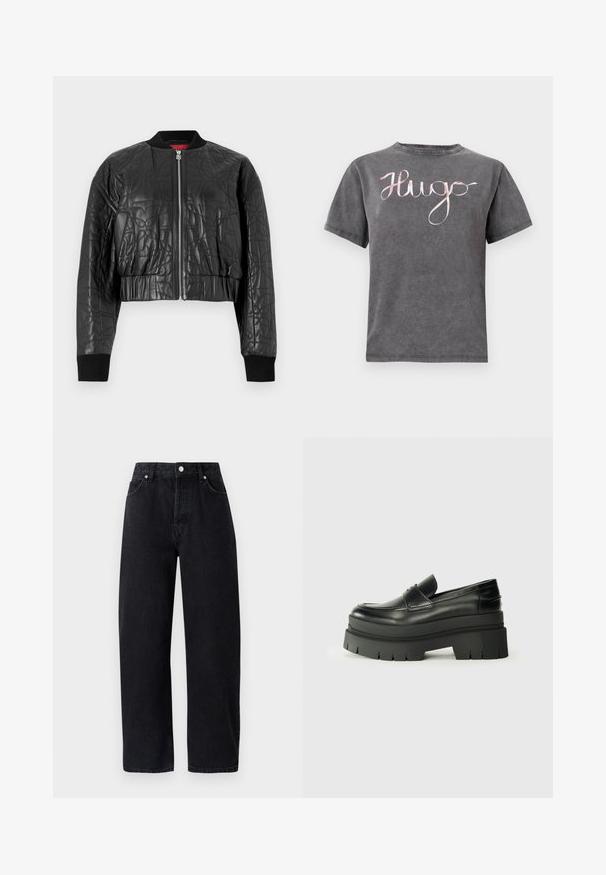Black bomber jacket made of quilted leather. Features a zip front, ribbed cuffs, and a cropped design with subtle embossed patterns.; Grey cotton T-shirt with a round neck and short sleeves, featuring a pink cursive "Hugo" logo across the chest. Soft texture and casual design.; High-waisted, straight-leg black denim jeans with five pockets, metal rivets, and tonal stitching. Smooth texture, minimalistic design.; Black leather loafers with a chunky platform sole. Rounded toe, front seam detail, and subtle stitching accents. Flat, textured outsole.
