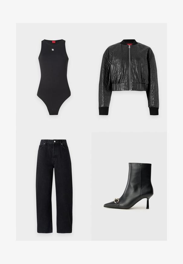 Zwarte bomberjack van geborduurd leer. Heeft een rits aan de voorkant, ribbelmanchetten en een cropped ontwerp met subtiele geperste patronen.; Zwarte body met een mouwloos ontwerp, gemaakt van glad materiaal. Bevat een klein wit logo op de borst en een hoog uitgesneden beenopening.; Hoge taille, straight-leg zwarte denim jeans met vijf zakken, metalen klinknagels en tonale stiksels. Gladde textuur, minimalistisch ontwerp.; Zwarte leren enkelboot met spitse neus, slanke middenhoge hak en zilveren gespdetail aan de zijkant op een effen achtergrond.