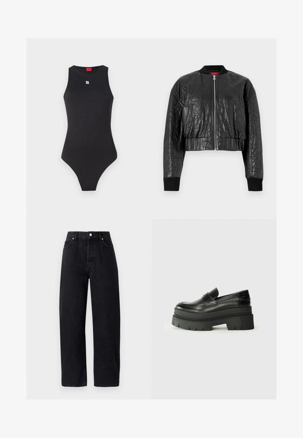 Schwarze Bomberjacke aus gestepptem Leder. Verfügt über einen Reißverschluss, gerippte Manschetten und ein kurzer Schnitt mit dezenten geprägten Mustern.; Schwarzer Body mit ärmellosem Design, aus glattem Material gefertigt. Verfügt über ein kleines weißes Logo auf der Brust und einen hochgeschnittenen Beinausschnitt.; Hoch taillierte, gerade geschnittene schwarze Denim-Jeans mit fünf Taschen, Metallnieten und tonalem Nähen. Glatte Textur, minimalistisches Design.; Schwarze Lederloafer mit einer klobigen Plateausohle. Abgerundete Spitze, Nahtdetail auf der Vorderseite und dezente Nähte. Flache, strukturierte Außensohle.