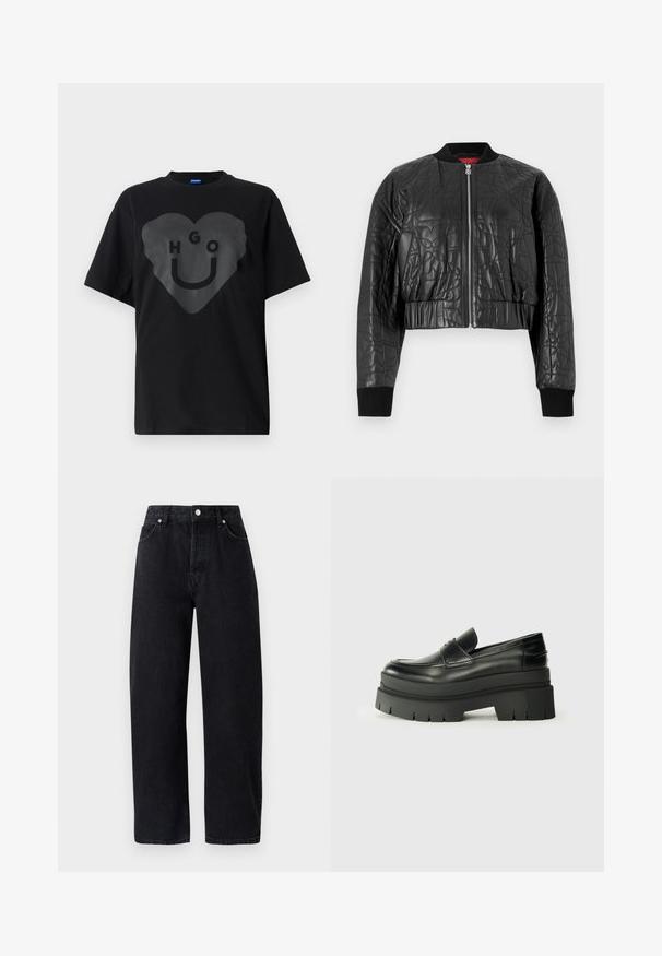 Chaqueta bomber negra hecha de cuero acolchado. Presenta un cierre a cremallera en la parte delantera, puños acanalados y un diseño corto con patrones grabados sutiles.; Camiseta negra de corte oversize, con un gran gráfico de corazón en el frente que incluye el texto "HGO" y una cara sonriente en un acabado brillante.; Jeans de mezclilla negros de tiro alto y pierna recta con cinco bolsillos, remaches metálicos y costuras en tono. Textura suave, diseño minimalista.; Mocasines de cuero negro con suela de plataforma contundente. Punta redondeada, detalle de costura en la parte delantera y sutiles acentos de costura. Suela plana y texturizada.