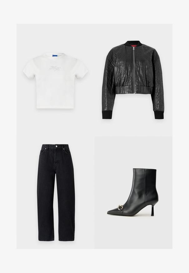 Čierna bomber bunda vyrobená z prešívanej kože. Má zips vpredu, rebrované manžety a skrátený strih so subtilnými embosovanými vzormi.; Biely bavlnený tričko s krátkymi rukávmi a okrúhlym výstrihom, na prednej strane so nápisom "HUGO" z kamienkov. Jednoduchý, neformálny dizajn.; Čierne denimové džínsy s vysokým pásom a priame nohavice, s piatimi vreckami, kovovými nitmi a tónovaným prešívaním. Hladká textúra, minimalistický dizajn.; Čierna kožená členková obuv s špicatou špičkou, štíhlým stredne vysokým podpätkom a striebornou sponou na boku na jednoduchom pozadí.