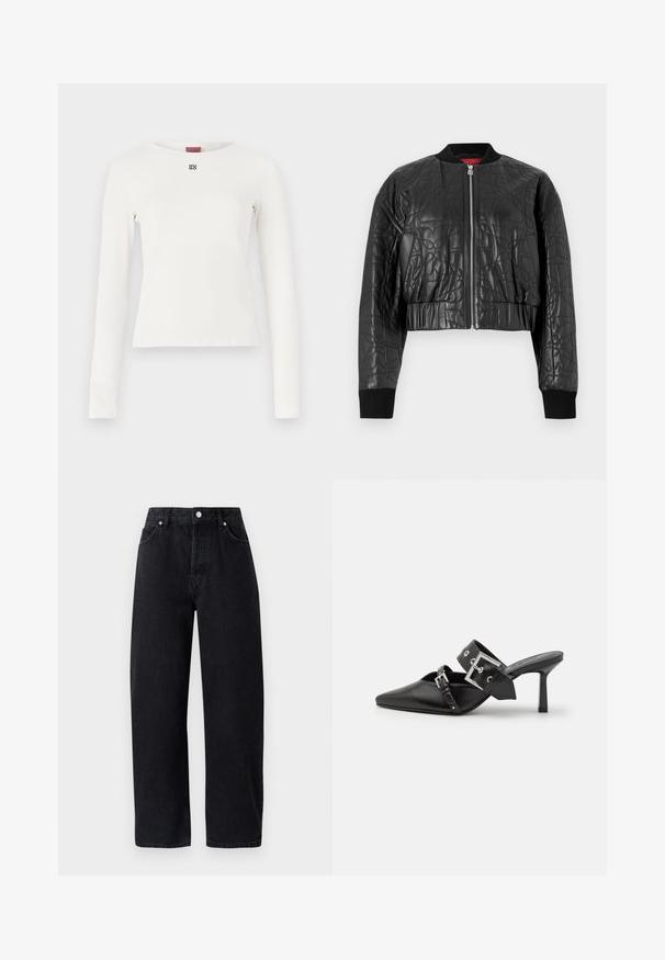 Fekete bombázó dzseki steppelt bőrből. Elülső cipzárral, bordás mandzsettákkal és finoman mintázott, rövidített fazonnal rendelkezik.; Fehér, hosszú ujjú felső, kerek nyakkivágással, kicsi fekete logóval a mellrészen, sima, rugalmas anyagból készült.; Magasan szabott, egyenes lábú fekete farmernadrág öt zsebbel, fém szegecsekkel és tónusos varrással. Sima textúra, minimalista design.; Fekete magassarkú mules, hegyes orral, sima bőrből készült. Széles bokapántja van, négyzet alakú ezüst csattal és szegecsekkel.