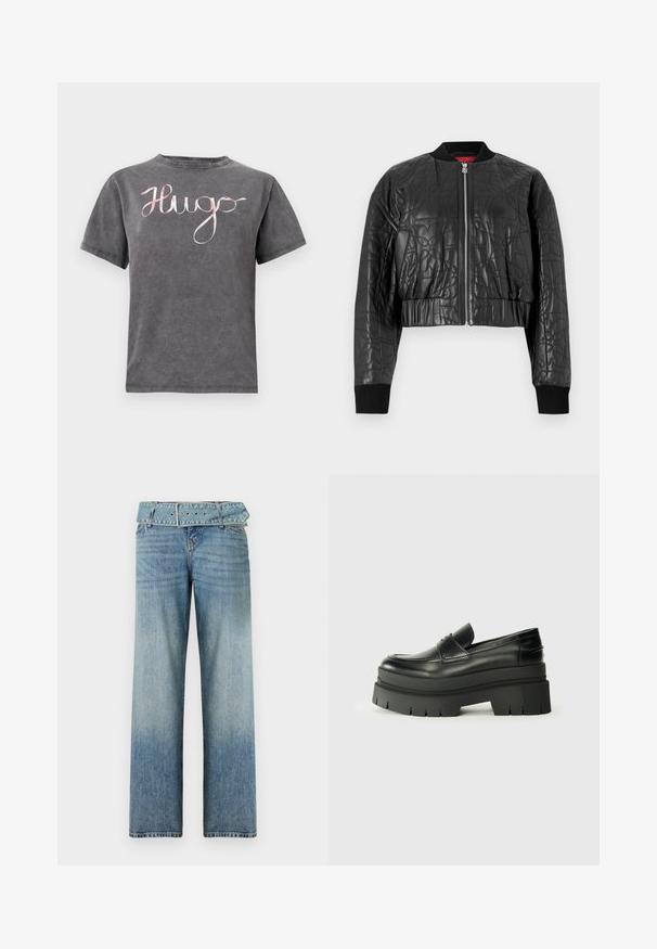 Must mustka bomber-jakk, mis on valmistatud tikitud nahast. Omab lukkfronti, soonikukäiseid ja lühiotsaga disaini koos peente embossitud mustritega.; Hallhallane puuvillane T-särk ümmarguse kaeluse ja lühikeste varrukatega, millel on roosa kätkema "Hugo" logo rinna kohal. Pehme tekstuur ja korralik disain.; Heledad sinine denimid, millel on laiad sääred, koos vastava vööga ning järkjärgulise tuhmumisega tumedast heledaks.; Mustad mustrennistest nahast mokad, millel on paks platvormi tald. Ümar varvas, eesmine õmblusdetail ja peened õmblemisaktsendid. Lame, tekstureeritud välistald.