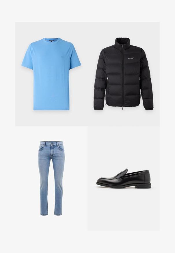 Juodas pūkinis švarkas su aukštu kaklu, turintis priekinį užtrauktuką ir dvi šonines kišenes. Lengvai siuvinėta medžiaga su prekės ženklu krūtinėje.; Armani Exchange Džemperis - dark gull zig zag; Šviesiai mėlynas medvilninis marškinėlis su apvaliu kaklu, trumpomis rankovėmis ir nedideliu logotipu išsiuvinėjamu ant krūtinės. Lygi tekstūra, laisvas siluetas.; Šviesiai mėlynos džinsinės kelnės su siauromis kojomis, penkiais kišenėmis ir tiesiomis kojomis. Su užtrauktuku ir diržo kilpomis. Švelnus paviršius.; Juodos odinės loafers, turinčios lygų paviršių, apvalią noselę ir dekoratyvinę juostą per priekinę dalį. Žemas krentantis kulnas, minimalistinis dizainas.