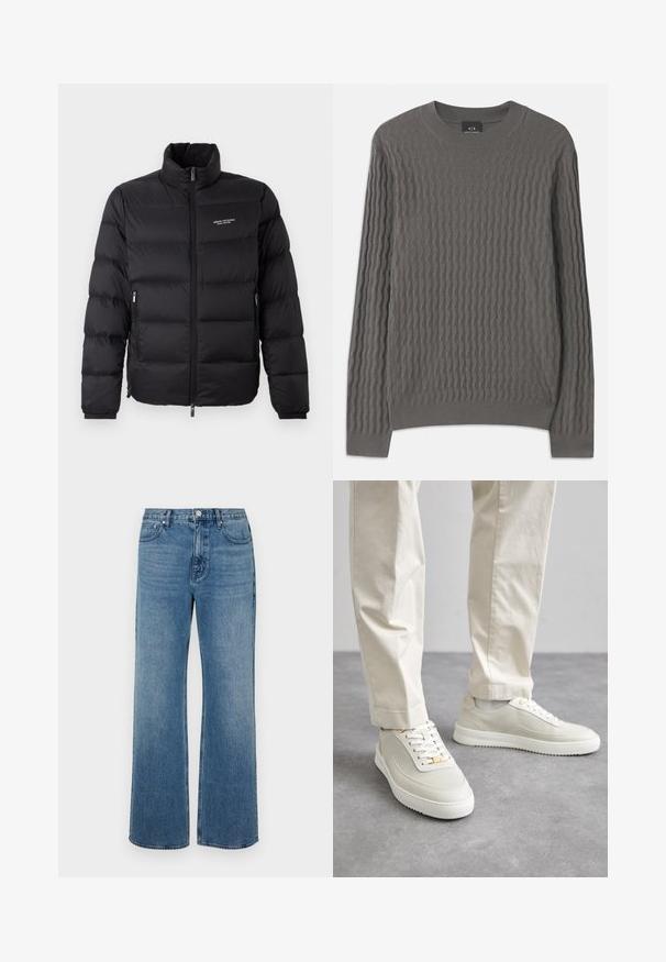 Sort pufferjakke med høj krave, med en frontlynlås og to sidelommer. Let quiltet stof med mærkets logo på brystet.; Armani Exchange Striktrøje - dark gull zig zag; Bredde ben blå jeans lavet af denim med en falmet finish. Har fem lommer, en frontknaplukning og en lige pasform.; Hvide sneakers med en glat læderoverdel, mesh-detaljer, gul hardware og en struktureret gummisål, kombineret med cremefarvede bukser.
