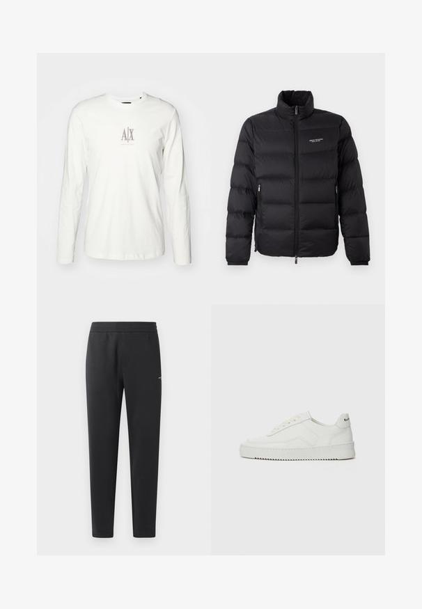 Czarna kurtka puchowa z wysokim kołnierzem, z zamkiem błyskawicznym z przodu i dwoma bocznymi kieszeniami. Lekko pikowany materiał z logo marki na klatce piersiowej.; Czarna bluza wykonana z miękkiego materiału. Ma okrągły dekolt i długie rękawy. Z przodu widnieje napis "ARMANI EXCHANGE" oraz "1991" w kontrastowych kolorach.; Biała bawełniana koszulka z długim rękawem z małym beżowym logo z napisem "AX" pośrodku. Gładka faktura i klasyczny okrągły dekolt.; Czarne spodnie dresowe z miękkiego materiału, z elastycznym paskiem, prostymi nogawkami oraz małym logo z boku.; Białe skórzane sneakersy o gładkim wykończeniu, okrągłym nosku, płaskich sznurówkach i teksturowanej podeszwie. Charakteryzują się delikatnym logo na pięcie.