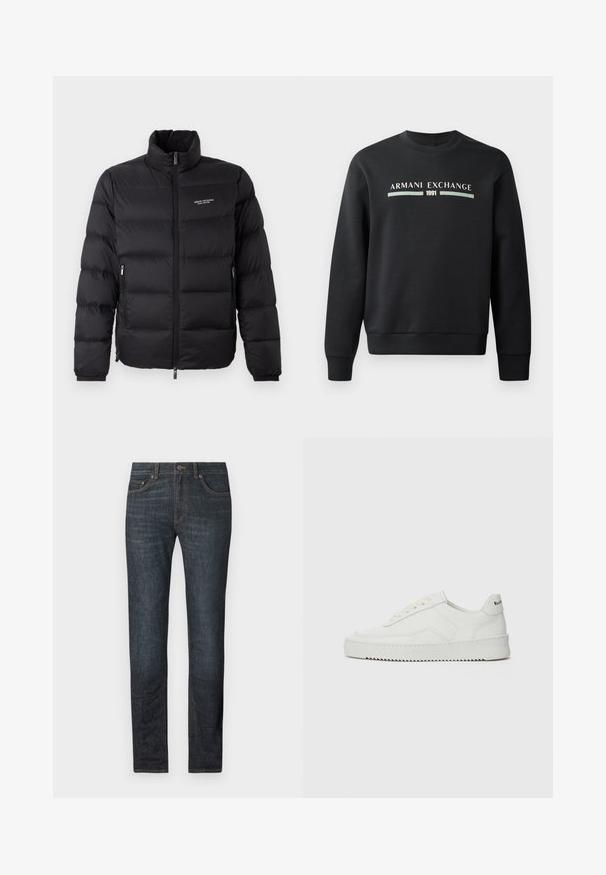 Musternõelaga must puffer jakk kõrge kaelusega, esisilindiga ja kahe küljetaskuga. Kergelt tikitud kangas brändi logoga rinnal.; Mustakas sweatshirts, mis on valmistatud pehmest kangast. Omab ümmargust kaelust ja pikki varrukaid. Ees on kujutatud "ARMANI EXCHANGE" ja "1991" kontrastsetes värvides.; Tumed sinised teksad sirge lõikega, nupuga kinnitamine ja viis taskut. Kanga pind on sile, millel on peened õmbluse detailid.; Valge nahast tennis, millel on sile põhi, ümar varvas, lamedad nöörid ja tekstuuriline tall. Sisaldab diskreetset logo kontsaribal.