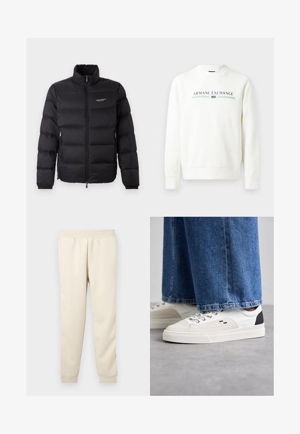 Czarna kurtka puchowa z wysokim kołnierzem, z zamkiem błyskawicznym z przodu i dwoma bocznymi kieszeniami. Lekko pikowany materiał z logo marki na klatce piersiowej.; Biała bluza z okrągłym dekoltem, długimi rękawami i ściągaczami przy mankietach. Posiada nadrukowane logo "Armani Exchange 1991" w niebieskim i zielonym kolorze.; Jasnokremowe dresy z miękkiego materiału o tapered designie, z elastycznym paskiem w talii i ściągaczami przy kostkach. Bez widocznych wzorów ani akcentów.; Białe i czarne sneakersy z gładką skórzaną cholewką, teksturowanymi akcentami oraz masywną białą podeszwą. Posiadają klasyczny system sznurowania.