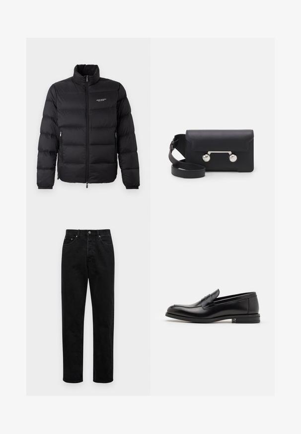 Black puffer jacket with a high collar, featuring a front zipper and two side pockets. Lightly quilted fabric with brand logo on chest.; Cream-colored knit sweater with a polo collar, ribbed cuffs, and hem, featuring a front placket and soft texture.; Ksubi ANTI  - Relaxed fit jeans - black; Black leather loafers with a smooth texture, rounded toe, and a decorative strap across the vamp. Low stacked heel, minimalist design.; Black leather crossbody bag with a flap closure, silver-tone hardware, and two round accents. Features a detachable strap. Smooth texture.