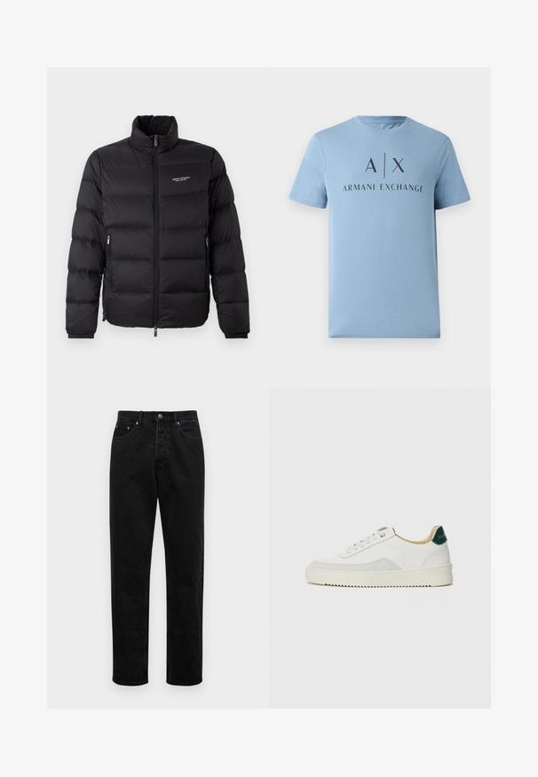 Černá péřová bunda s vysokým límcem, vybavená předním zipem a dvěma bočními kapsami. Lehce prošívaná látka s logem značky na hrudi.; Světle modré bavlněné tričko s krátkými rukávy a kulatým výstřihem. Na přední straně je tmavě vytištěné logo "A|X ARMANI EXCHANGE."; Ksubi ANTI - Džíny Relaxed Fit - black; Bílé tenisky se semišovými prvky, kulatou špičkou, plochými tkaničkami a krémovou gumovou podrážkou. Na patě mají zelené logo.
