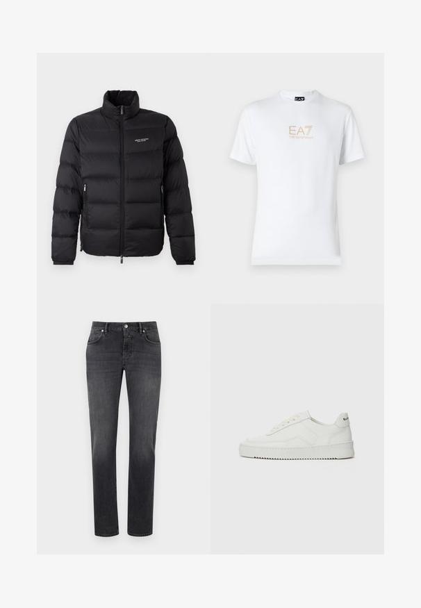 Melna pūkaina jaka ar augstu apkakli, ar priekšējo rāvējslēdzēju un divām sānu kabatām. Viegls, quiltēts audums ar zīmola logo uz krūtīm.; Balta kokvilnas t-kreklā ar apaļu kakla izgriezumu un īsām piedurknēm, ar zeltītu EA7 Emporio Armani logotipu uz priekša.; Pelēkie denima džinsi ar klasisku taisnu kāju dizainu, ar priekšējām kabatām, ar rāvējslēdzēja aizdari un mazu zīmola etiķeti virs labās kabatas.; Baltas ādas sneakers ar gludu virsmu, apaļu pirkstu daļu, plakaniem šņorēm un teksturētu zoli. Satur diskrētu logotipu uz papēža.