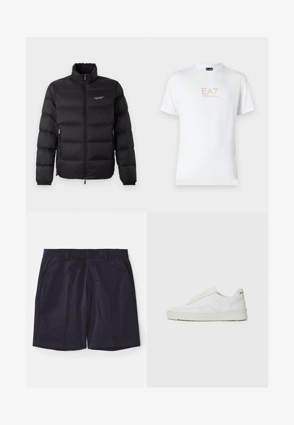 Čierna zateplená bunda s vysokým golierom, s predným zipsom a dvoma bočnými vreckami. Jemne prešívaná tkanina s logom značky na hrudi.; Biela bavlnená tričko s okrúhlym výstrihom a krátkymi rukávmi, na prednej strane s potlačou zlatého loga EA7 Emporio Armani.; Námornícke modré šortky z hladkého materiálu s rovnou prednou časťou, pútkami na opasok a bočnými vreckami; zakončené priamymi okrajmi pre čistý vzhľad.; Biele kožené tenisky s hladkým povrchom, okrúly špičkový dizajn, ploché šnúrky a textúrovaná podrážka. Obsahujú jemné logo na päte.