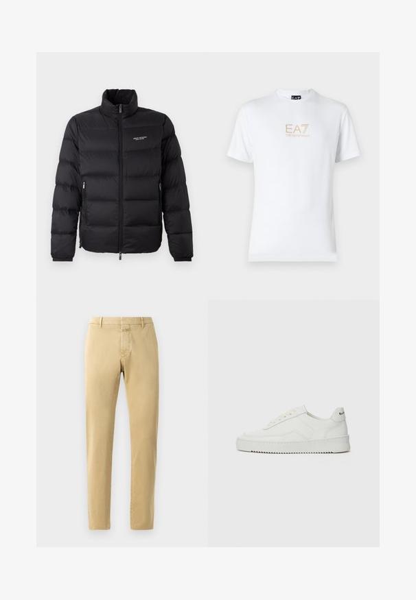 Črna puhovka z visokim ovratnikom, zelnata zadrgo spredaj in dvema stranskima žepoma. Lahko prešita tkanina z logotipom znamke na prsih.; Bela bombažna majica s krožnim izrezom in kratkimi rokavi, s pozlačenim logotipom EA7 Emporio Armani natisnjenim spredaj.; Bež chinos hlače z ozkim krojem in gladkim bombažnim materialom. Imajo zadrgo, zanke za pas in minimalne šive.; Bela usnjena športna obutev z gladko površino, okroglo prst, ravne vezalke in teksturiran podplat. Ima diskretno logo na peti.