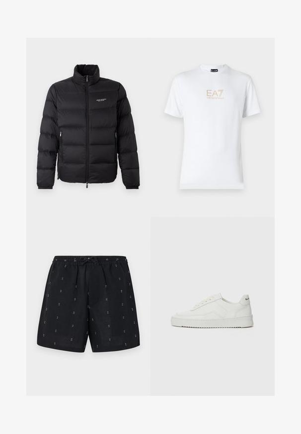Černá péřová bunda s vysokým límcem, vybavená předním zipem a dvěma bočními kapsami. Lehce prošívaná látka s logem značky na hrudi.; Bílé bavlněné tričko s kulatým výstřihem a krátkým rukávem, na přední straně s potiskem zlatého loga EA7 Emporio Armani.; Černé lněné šortky s elastickým pasem a stahovací šňůrkou. Na látce se nacházejí malé bílé geometrické vzory.; Bílé kožené tenisky s hladkým povrchem, kulatou špičkou, plochými tkaničkami a texturovanou podrážkou. Na patě se nachází nenápadné logo.