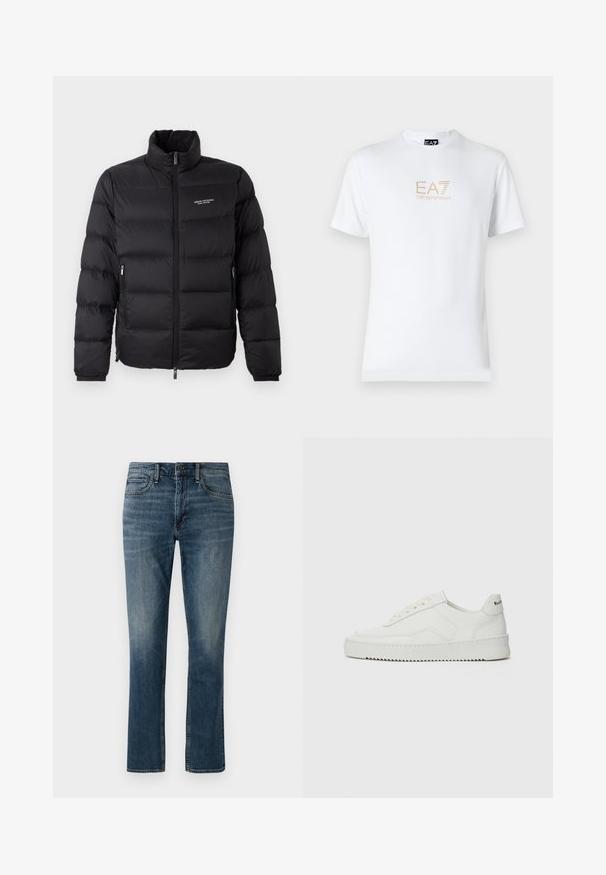 Schwarze Steppjacke mit hohem Kragen, ausgestattet mit einem Reißverschluss vorne und zwei Seitentaschen. Leicht gestepptes Material mit Logo auf der Brust.; Weißes Baumwoll-T-Shirt mit Rundhalsausschnitt und kurzen Ärmeln, mit einem goldenen EA7 Emporio Armani-Logo auf der Vorderseite.; Dunkelblaue Jeans aus Denim mit geradem Bein. Zu den Merkmalen gehören Fronttaschen, ein Knopfverschluss und dezente Ausblühungen im Oberschenkelbereich.; Weiße Ledersneaker mit glatter Oberfläche, runder Zehenpartie, flachen Schnürsenkeln und strukturiertem Sohlenprofil. Mit einem dezenten Logo an der Ferse.