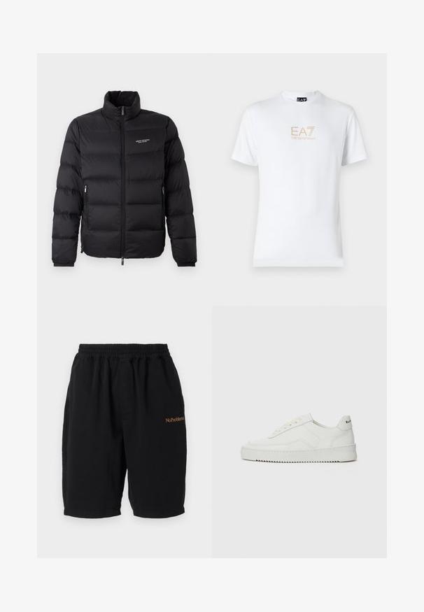 Svart puffjacka med hög krage, med en framsida som har dragkedja och två sidofickor. Lätt vadderat tyg med logotypen på bröstet.; Vit bomull t-shirt med rund halsringning och korta ärmar, med en guld EA7 Emporio Armani-logotyp tryckt på framsidan.; Svart bomullsshorts med elastisk midja, rak skärning och sidofickor. Har "No Problemo" broderat i orange på framsidan.; Vita lädersneakers med en jämn yta, rund tå, platta snörningar och en strukturerad sula. Har en diskret logotyp på hälen.