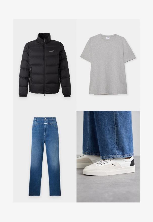 Black puffer jacket with a high collar, featuring a front zipper and two side pockets. Lightly quilted fabric with brand logo on chest.; Gray short-sleeve T-shirt made from soft, textured fabric. Features a classic crew neck and a straight hem, suitable for casual wear.; Blue denim jeans with a straight-leg cut, featuring a button closure, belt loops, and subtle fading on the thighs.; White and black sneakers with a smooth leather upper, textured accents, and a chunky white sole. Features a classic lace-up design.