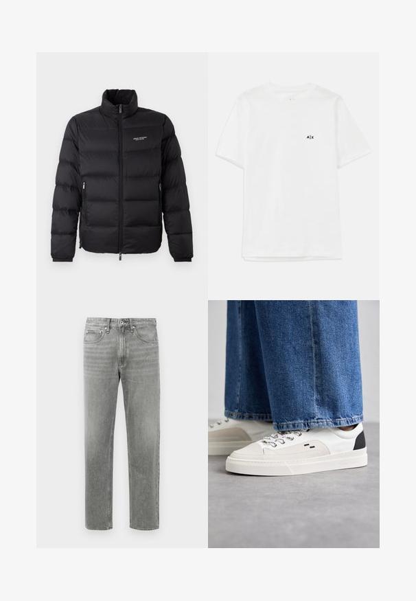 Črna puhovka z visokim ovratnikom, zelnata zadrgo spredaj in dvema stranskima žepoma. Lahko prešita tkanina z logotipom znamke na prsih.; Bela bombažna majica s kratkimi rokavi in okroglo ovratnikom, ki ima majhen črn logotip na levi prsni strani. Gladka tekstura, osnovna oblika.; Sive jeans z naramnicami z ravnim krojem, ki vsebujejo klasičen dizajn petih žepov in subtilno bledenje za teksturo. Standardno zapiranje na zadrgo.; Bela in črna športna obuvala z gladkim usnjenim zgornjim delom, teksturiranimi detajli in masivnim belim podplatom. Imajo klasičen dizajn z vezalkami.