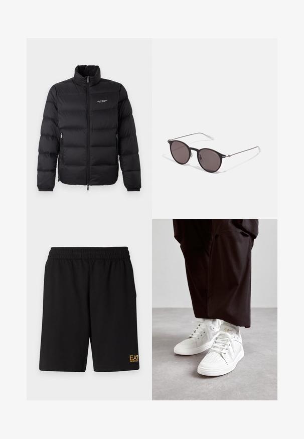 Geacă puffer neagră cu guler înalt, având fermoar pe față și două buzunare laterale. Material ușor căptușit cu logo-ul mărcii pe piept.; Tricou negru din bumbac cu guler rotund, mâneci scurte și logo-ul "EMPORIO ARMANI" în alb deasupra cuvântului "Milano" într-un design curbat.; Shorts atletici negri dintr-un material moale, având o talie elastică și un mic logo galben EA7 pe partea inferioară a piciorului stâng.; Adidași înalți, de culoare albă, confecționați din piele fină, au detalii perforate pe vârf, șireturi albe plate și un accent subtil aurit pe călcâi.; Ochelari de soare negri rotunzi cu lentile întunecate și brațe metalice subțiri. Include vârfuri transparente pentru brate și accente argintii la balama. Design minimalist.
