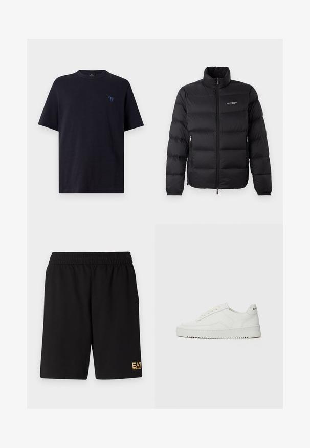Svart pufferjakke med høy krage, utstyrt med glidelås foran og to sidelommer. Lett quiltet stoff med merkevarelogo på brystet.; Marineblå bomull T-skjorte med rund hals og korte ermer. Har en liten blå brodert hestelogo på venstre bryst.; Sorte treningsshorts laget av mykt stoff, med elastisk midje og en liten gul EA7-logo nederst på venstre ben.; Hvite lærersneakers med en jevn overflate, rund tå, flate lisser og en teksturert såle. Har en subtil logo på hælen.