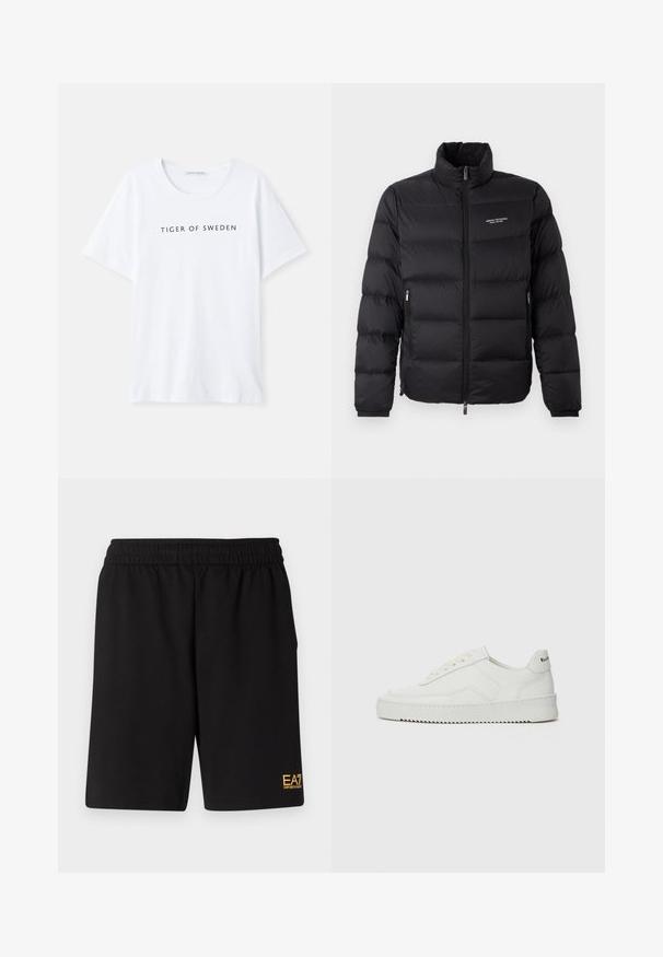 Juodas pūkinis švarkas su aukštu kaklu, turintis priekinį užtrauktuką ir dvi šonines kišenes. Lengvai siuvinėta medžiaga su prekės ženklu krūtinėje.; Balta marškinėliai su apvaliu kaklu ir trumpomis rankovėmis. Juodasis tekstas "TIGER OF SWEDEN" centre priekyje. Lygus audinio tekstūra.; Juoda sportinė šortai, pagaminti iš minkštos medžiagos, su elastingu diržu ir maža geltona EA7 logo apatinėje kairėje kojoje.; Balti odiniai sportiniai bateliai su lygia apdaila, apvaliu pirštu, plokščiais raišteliais ir tekstūruotu padu. Pasižymi subtiliu logotipu ant kulno.