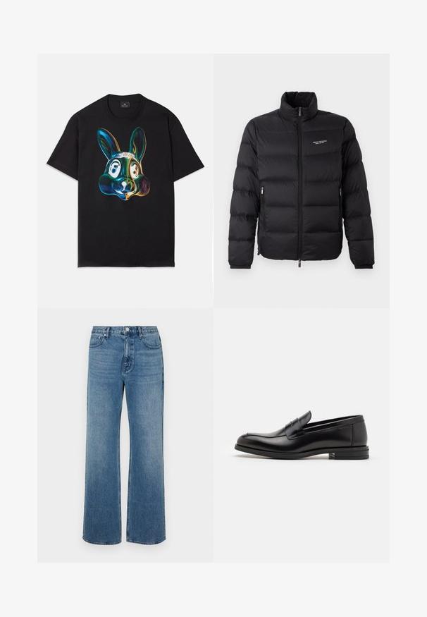 Črna puhovka z visokim ovratnikom, zelnata zadrgo spredaj in dvema stranskima žepoma. Lahko prešita tkanina z logotipom znamke na prsih.; Črna bombažna majica s pisanimi, abstraktnimi ilustracijami zajčje obraza na sprednji strani. Okrogli ovratnik, kratki rokavi in ohlapen kroj.; Modri široki jeans iz denima z izbledelim zaključkom. Imajo pet žepov, sprednje zapiranje na gumb in ravno krojenje.; Črne usnjene loafer čevlje z gladko teksturo, zaobljenim nosom in dekorativnim trakom čez zgornji del. Nizka zložena peta, minimalističen dizajn.