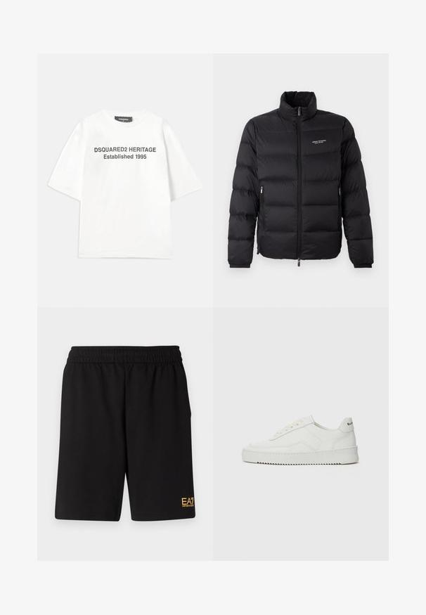 Geacă puffer neagră cu guler înalt, având fermoar pe față și două buzunare laterale. Material ușor căptușit cu logo-ul mărcii pe piept.; Dsquared2 Tricou cu imprimeu - white; Shorts atletici negri dintr-un material moale, având o talie elastică și un mic logo galben EA7 pe partea inferioară a piciorului stâng.; Sneakers din piele albă cu un finisaj neted, vârf rotund, șireturi plate și o talpă texturată. Prezintă un logo subtil pe călcâi.