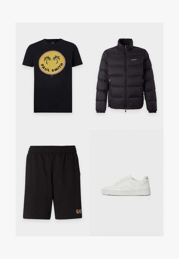 Juodas pūkinis švarkas su aukštu kaklu, turintis priekinį užtrauktuką ir dvi šonines kišenes. Lengvai siuvinėta medžiaga su prekės ženklu krūtinėje.; Juodas medvilnės marškinėliai su geltonu apskritu piešiniu, kuriame pavaizduoti palmių medžiai ir ryškiai išryškintas užrašas "PAUL SMITH". Trumpomis rankovėmis.; Juoda sportinė šortai, pagaminti iš minkštos medžiagos, su elastingu diržu ir maža geltona EA7 logo apatinėje kairėje kojoje.; Balti odiniai sportiniai bateliai su lygia apdaila, apvaliu pirštu, plokščiais raišteliais ir tekstūruotu padu. Pasižymi subtiliu logotipu ant kulno.