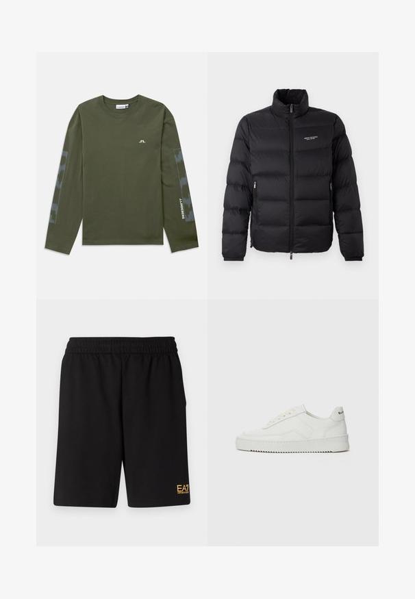 Musternõelaga must puffer jakk kõrge kaelusega, esisilindiga ja kahe küljetaskuga. Kergelt tikitud kangas brändi logoga rinnal.; Pikkade varrukatega oliiviroheline T-särk, mis on valmistatud puuvillast. Rinnal on väike valge logo ning varrukatel on halli muster.; Mustad mustad lühikesed püksid, mis on valmistatud pehmest kangast. Omavad elastset vöökohta ja väikest kollast EA7 logo vasakul jalal.; Valge nahast tennis, millel on sile põhi, ümar varvas, lamedad nöörid ja tekstuuriline tall. Sisaldab diskreetset logo kontsaribal.